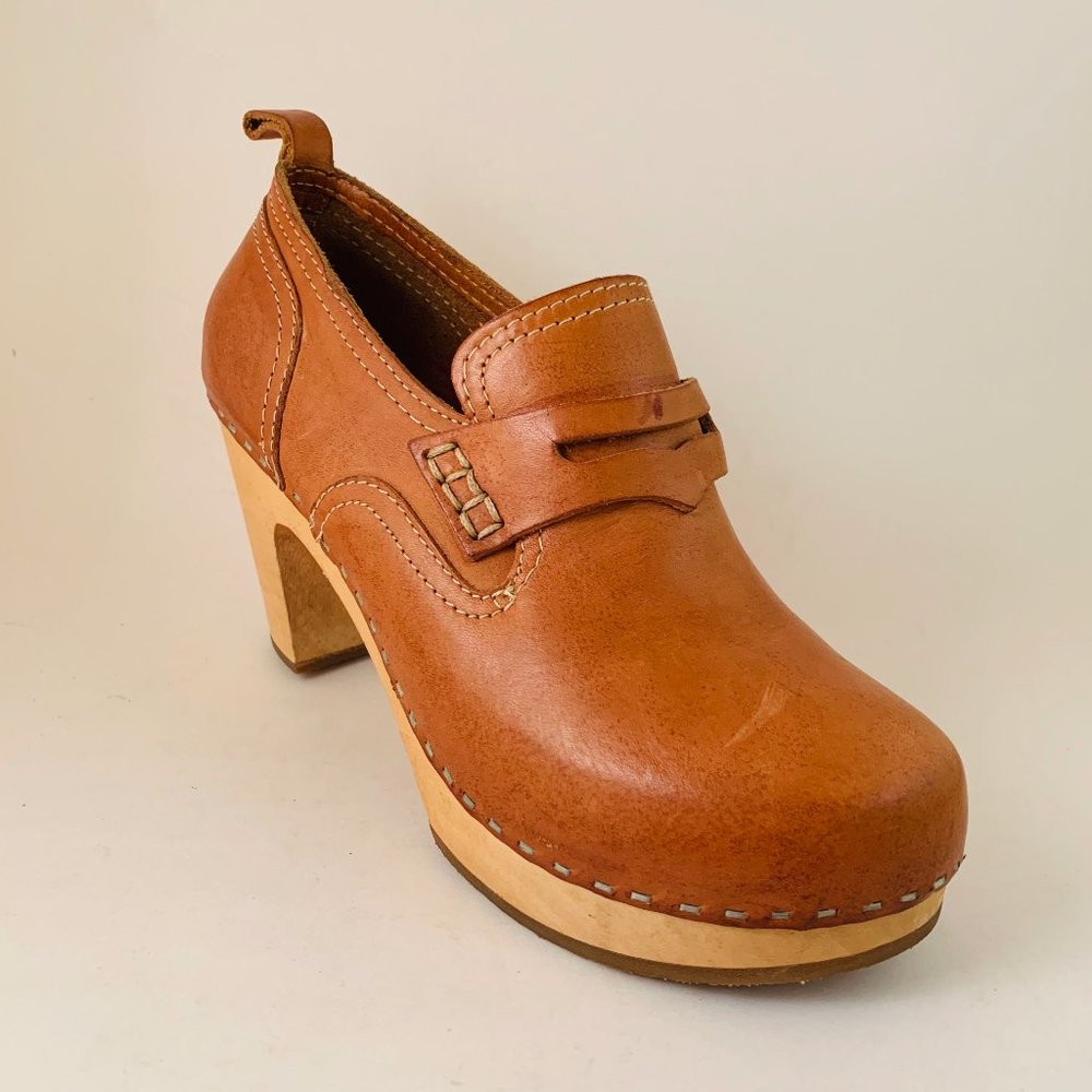 Swedish Hasbeens Brown Loafer Clog High Heel